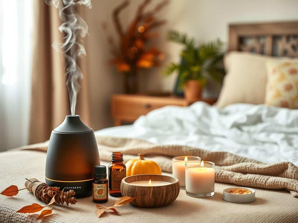 Bedroom with fall scent diffuser, candles, and potpourri creating a seasonal atmosphere