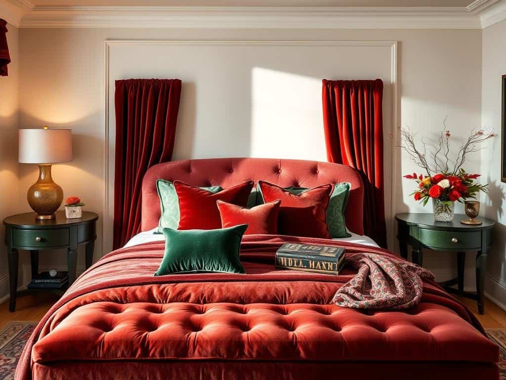 Bedroom with velvet accents like pillows, bench, or headboard in rich fall colors