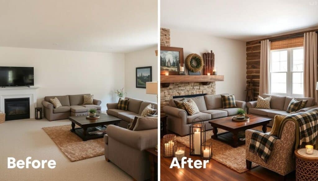 Before and after transformation of a living room into cozy cabin aesthetic space