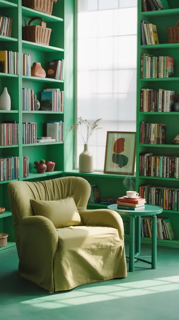 Bright green library with white trim, colorful accessories, and comfortable seating