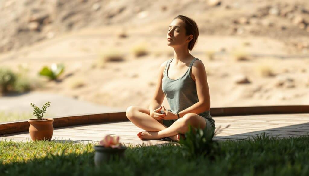 Calm, minimalist scene of a person practicing simple mindfulness exercises in a serene, natural setting. Soft natural lighting illuminates a wooden floor or grass, with a few potted plants or flowers in the foreground. The person is seated cross-legged, eyes closed, hands resting gently on their lap, exuding a sense of inner peace and focus. The background features a neutral, blurred landscape with hints of greenery, conveying a tranquil, restorative atmosphere ideal for mental health and self-care.