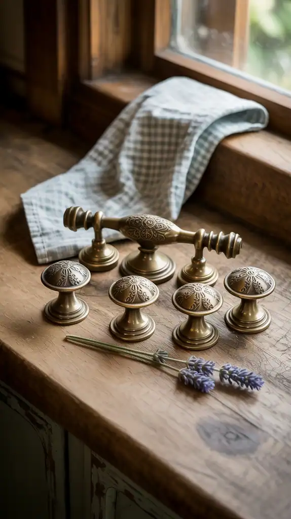 Close-up of antique brass cabinet handles and knobs in an English country kitchen