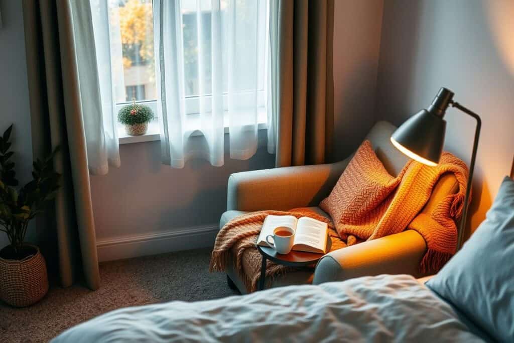 Comfortable reading corner in bedroom with chair, blanket, and fall decor