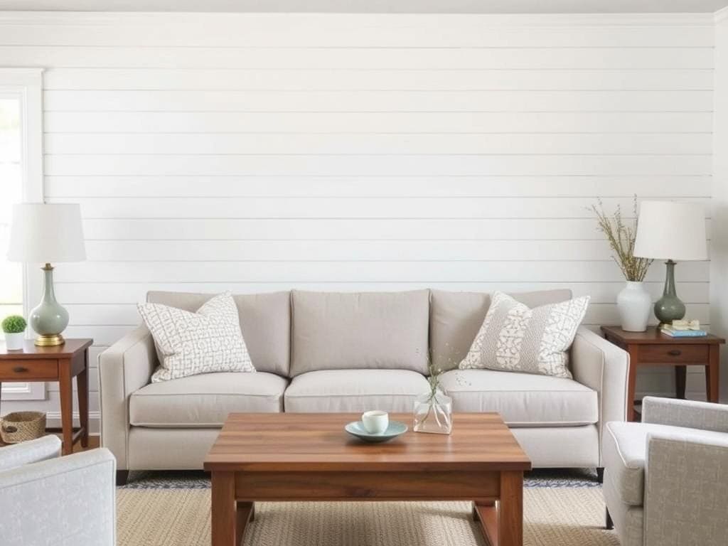 Cozy farmhouse living room with a white shiplap accent wall behind a comfortable sofa