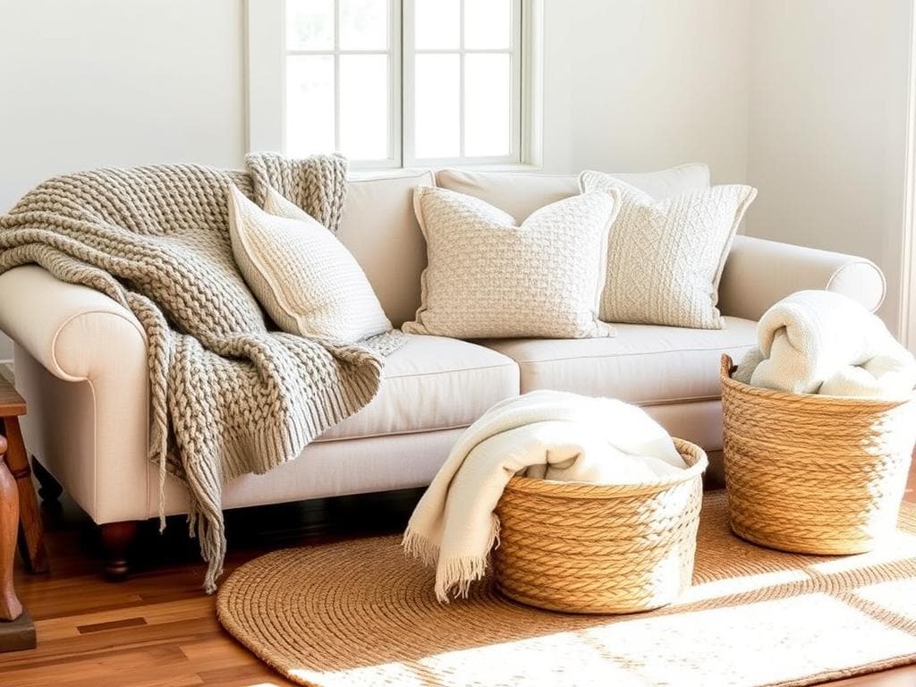 Cozy farmhouse living room with layered textures including knit throws, linen pillows, and a jute rug
