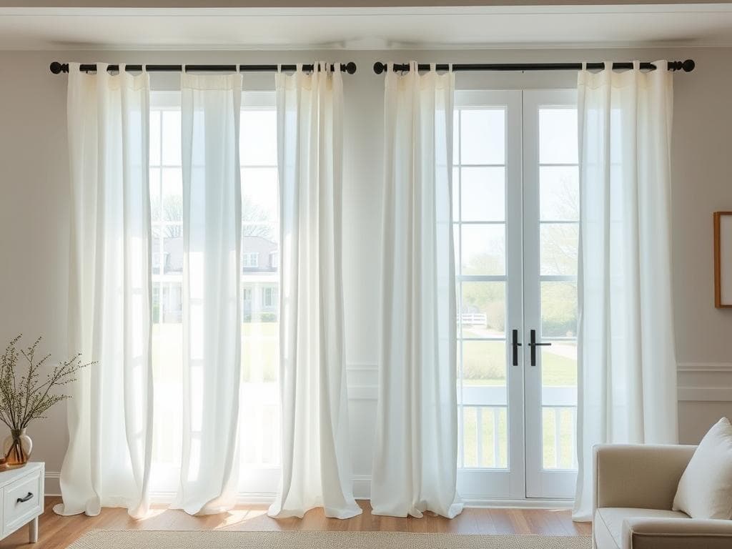 Cozy farmhouse living room with simple white linen curtains hanging from a black rod