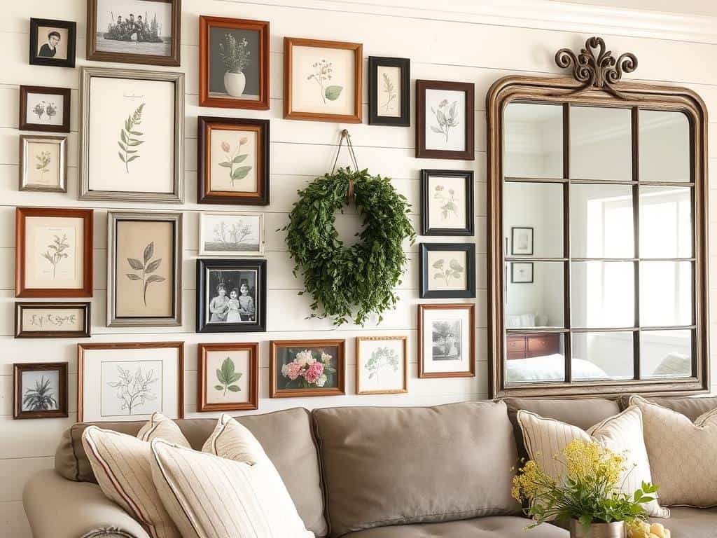 Cozy farmhouse living room with thoughtfully arranged wall decor including vintage frames, botanical prints, and a simple wreath