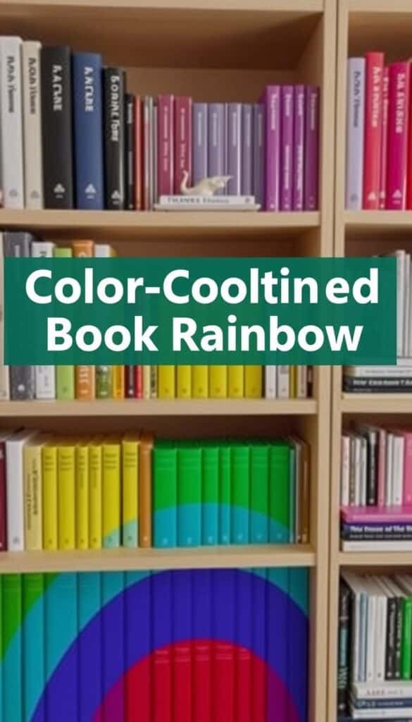Cozy home library with books arranged by color creating rainbow effect