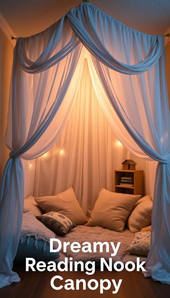 Cozy reading nook with fabric canopy, pillows and small bookshelf