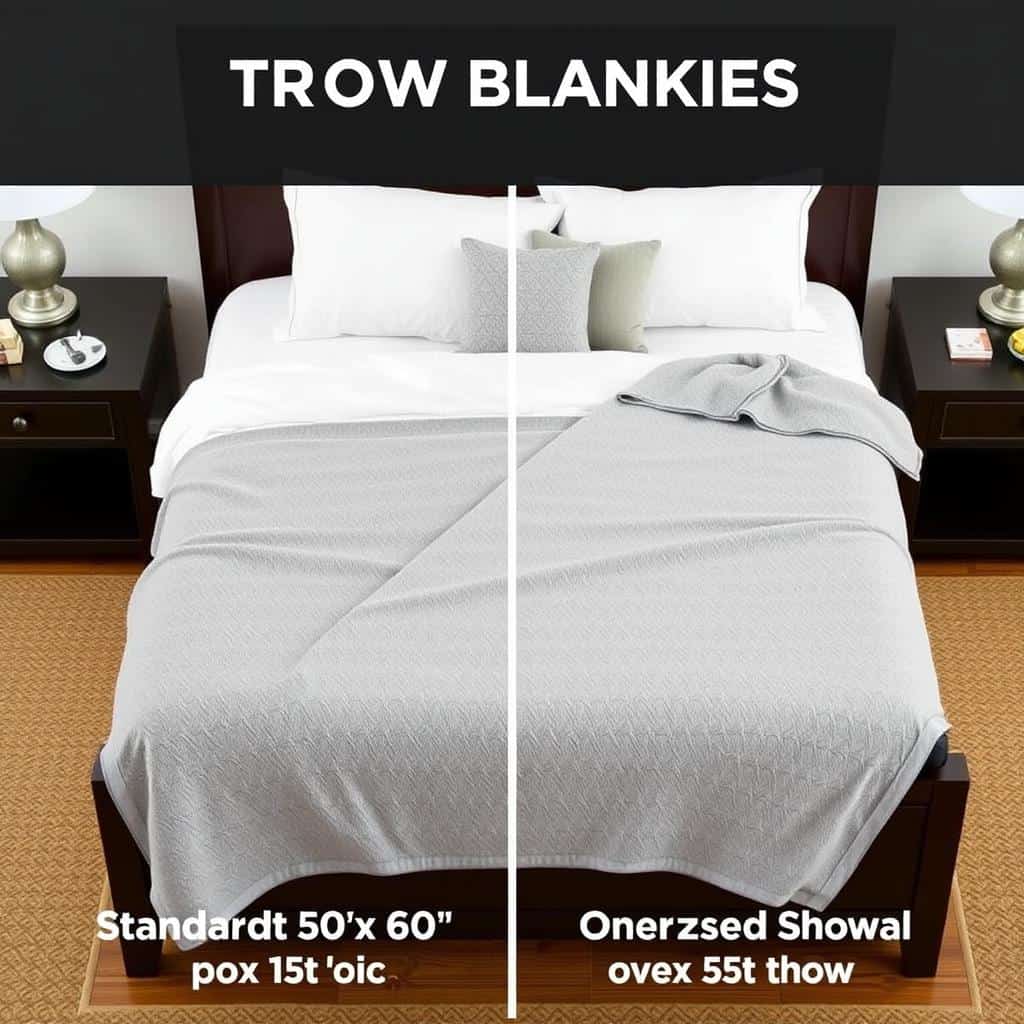 Demonstration of throw blanket sizes with a standard 50x60 throw and an oversized throw displayed on a queen bed
