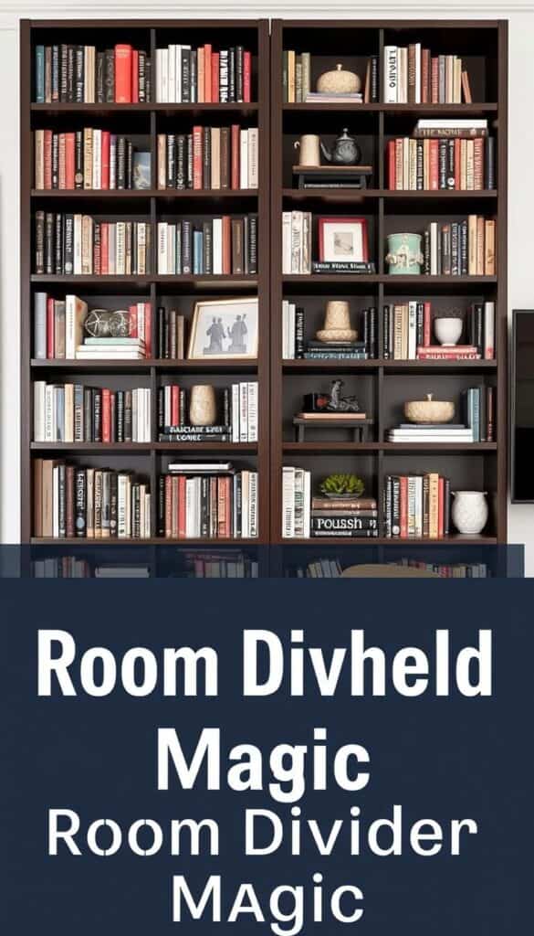 Double-sided bookshelf used as room divider in cozy home library design