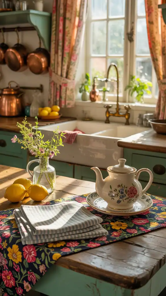 English country kitchen with floral curtains, striped tea towels, and a patterned rug