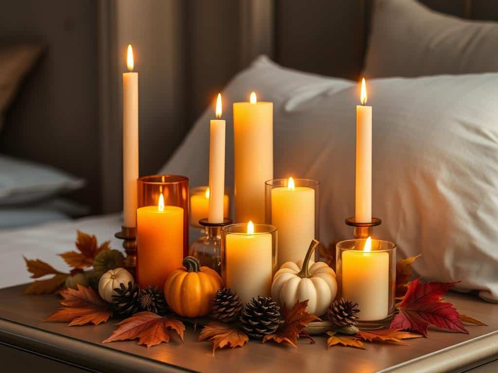 Fall-themed candle arrangement on a bedroom nightstand