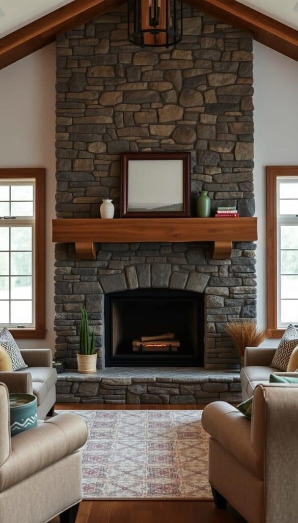 Farmhouse living room centered around a stone fireplace with wooden mantel and rustic decor