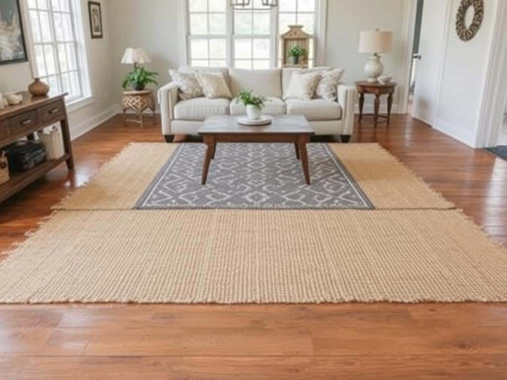 Farmhouse living room featuring a large jute rug layered with a smaller patterned wool rug