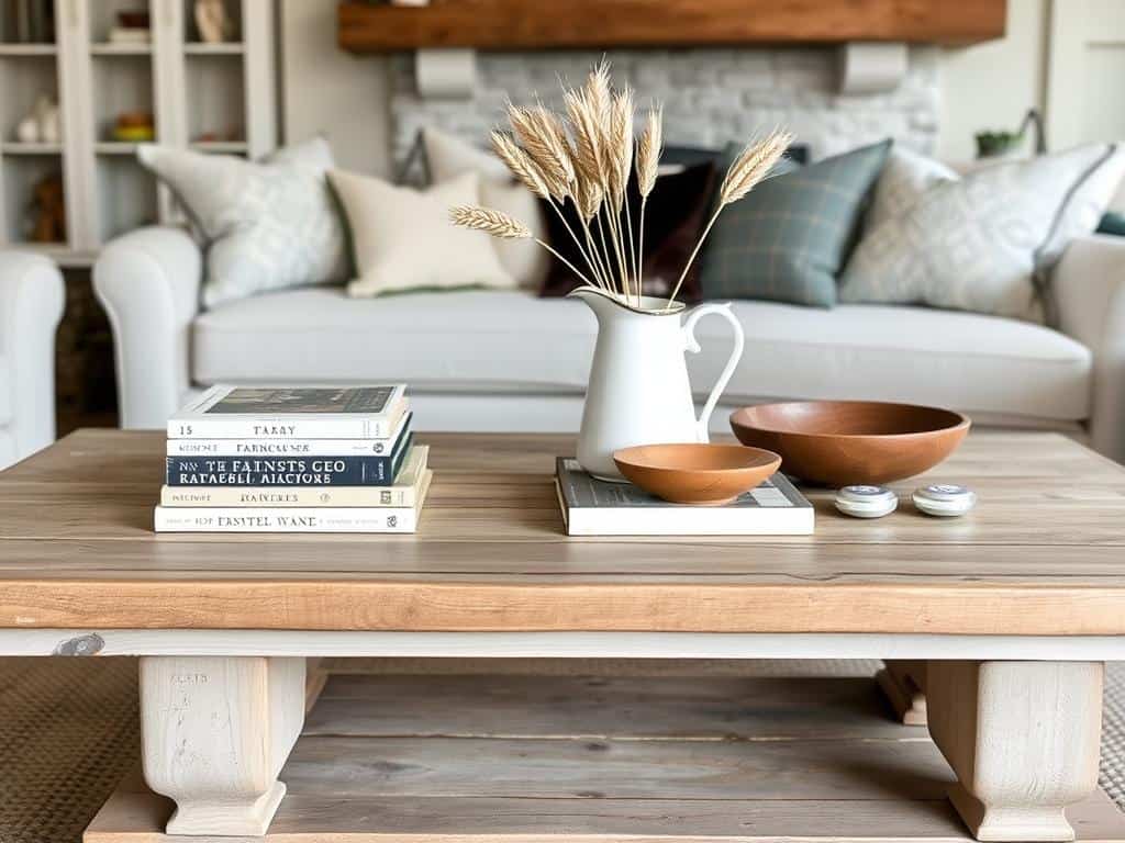 Farmhouse living room featuring a perfectly styled coffee table with books, pottery, and natural elements