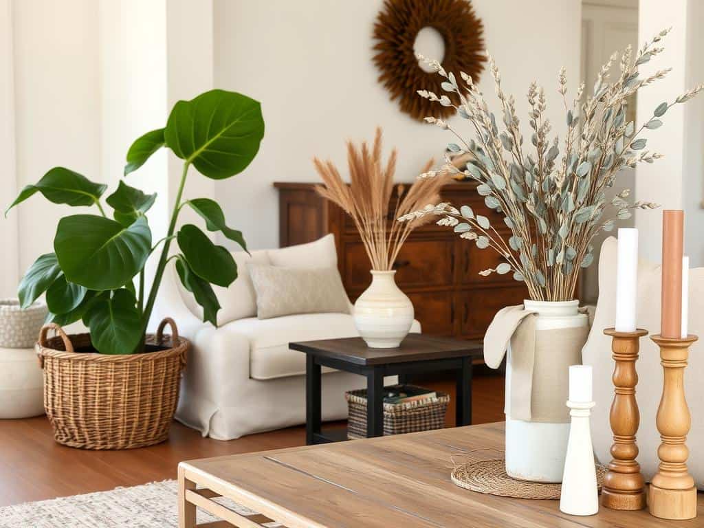 Farmhouse living room featuring natural elements like potted plants, dried wheat, and wooden accents