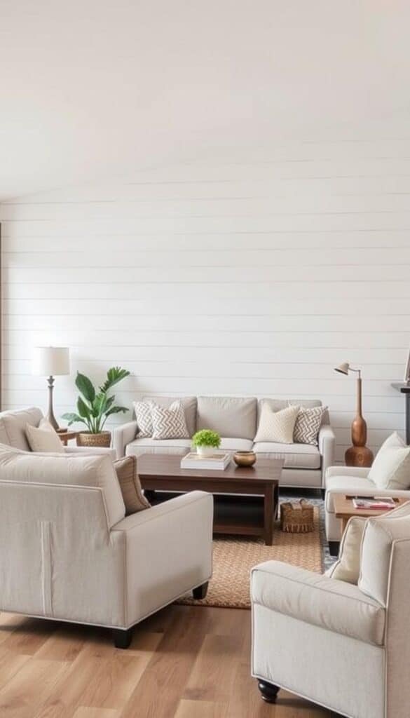 Farmhouse living room featuring white shiplap accent wall with rustic furniture and decor