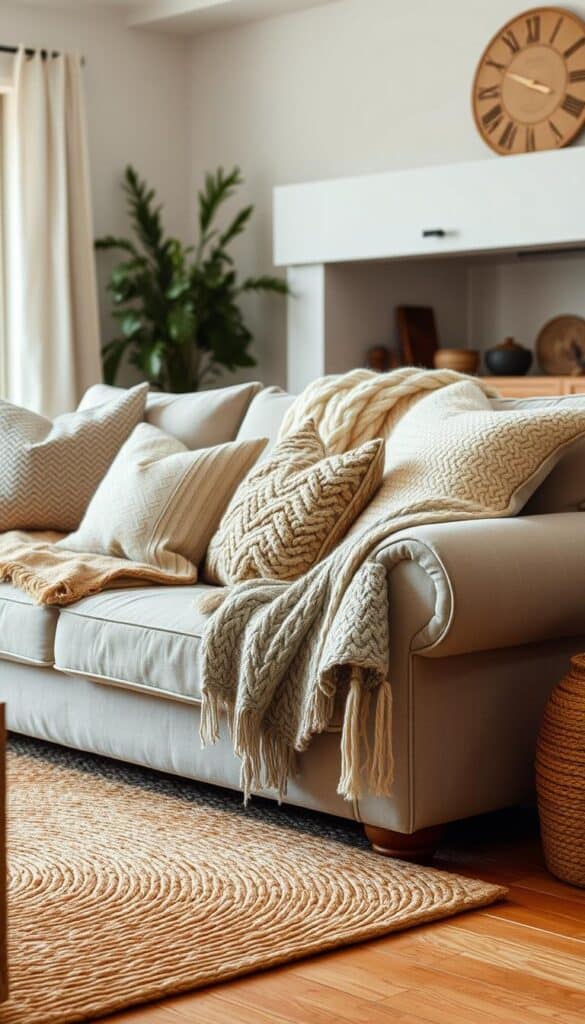 Farmhouse living room with layered textiles including throw blankets, pillows, and a jute rug