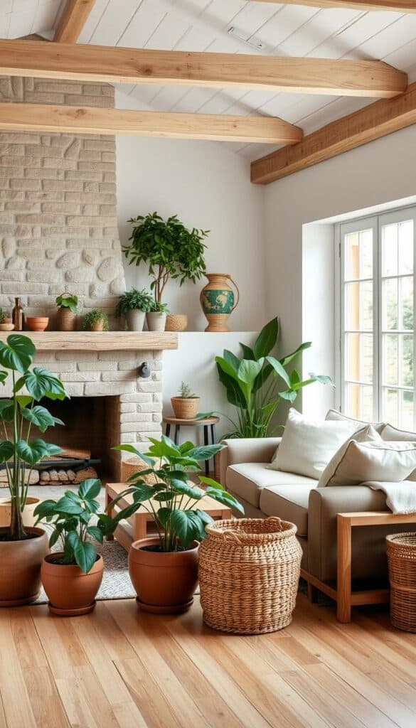 Farmhouse living room with natural elements like plants, wooden furniture, and stone accents