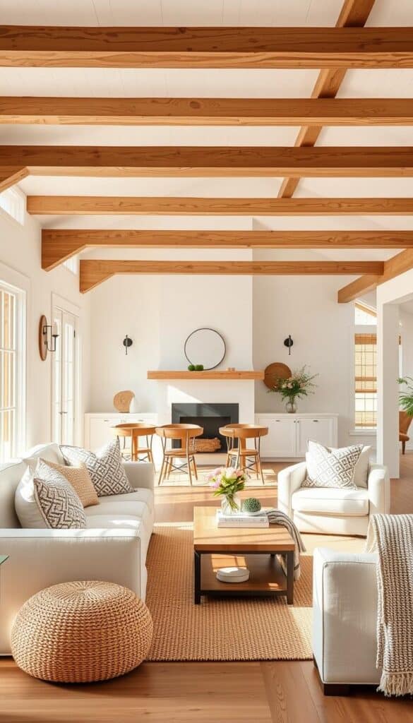 Farmhouse living room with neutral color scheme featuring whites, beiges, and natural wood tones