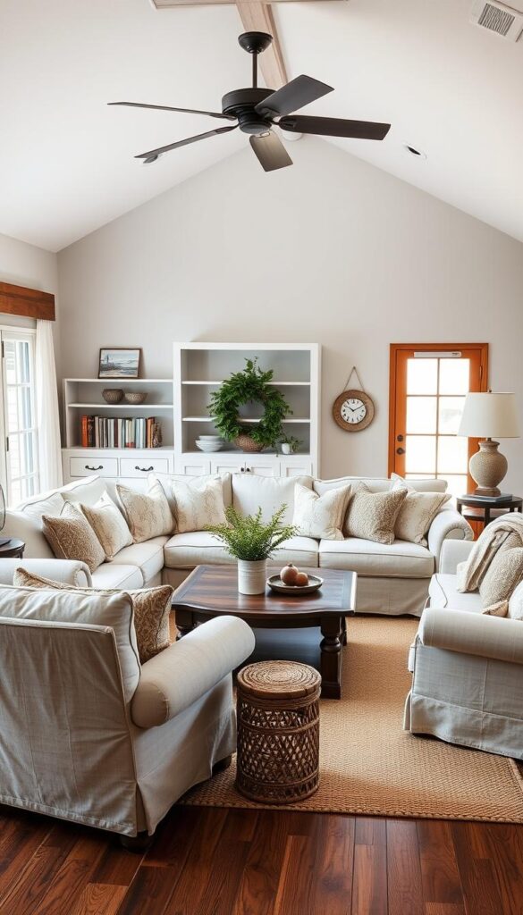 Farmhouse living room with oversized comfortable sofa, armchairs, and plenty of pillows