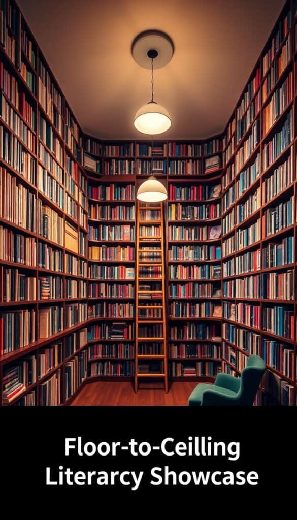 Floor-to-ceiling bookshelves in a cozy home library with ladder