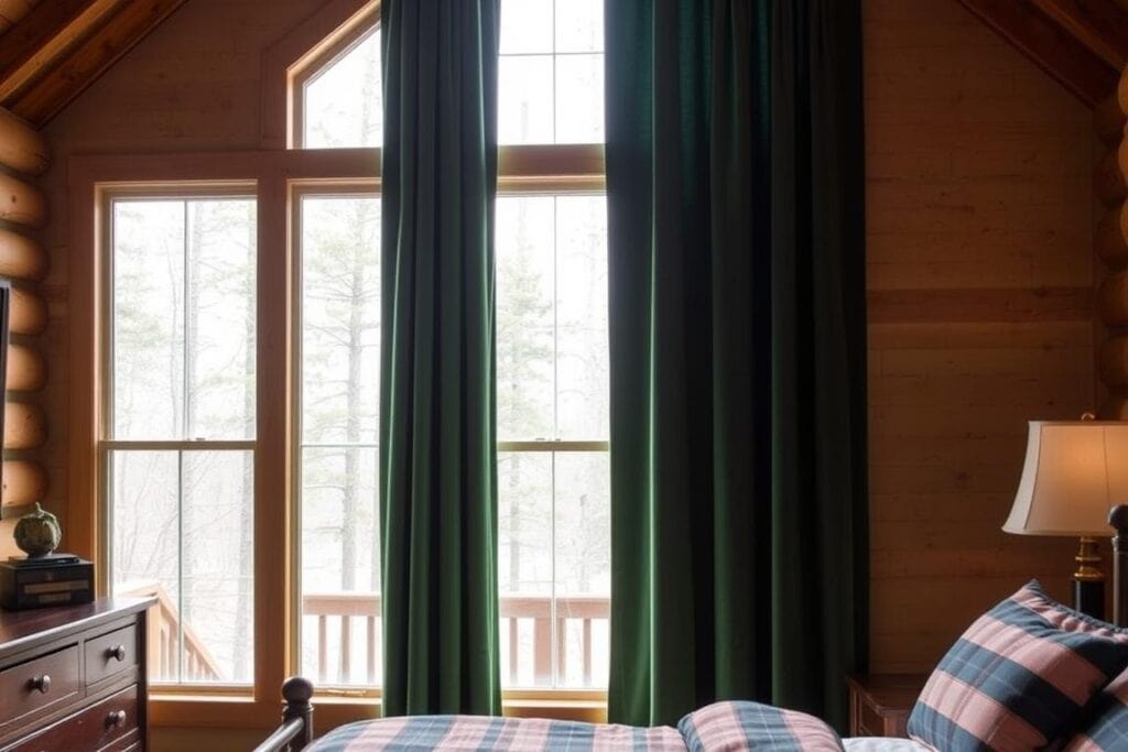 Heavy curtains framing windows in a bedroom with cozy cabin aesthetic