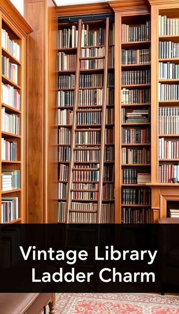 Home library with vintage rolling ladder accessing tall bookshelves