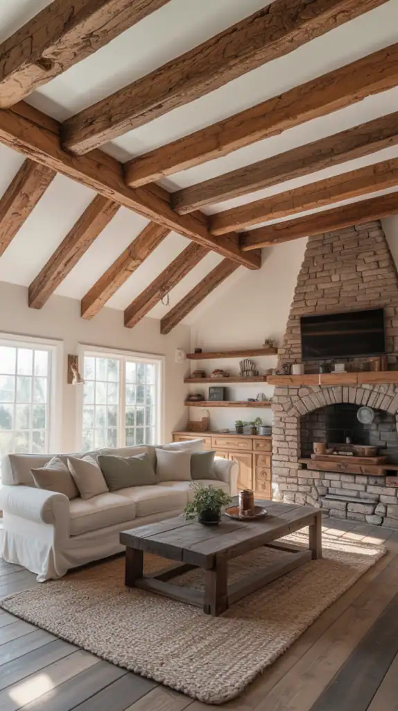 A rustic living room interior with exposed wooden beam ceiling and vaulted architecture. The ceiling features thick, weathered brown wooden beams running across a white-painted surface at a 45-degree angle. A large stone fireplace with a rustic brick facade dominates the right wall, containing a mounted flat-screen TV above it. The fireplace has wooden mantels on both sides. A light gray slipcovered sofa with matching throw pillows sits on a natural jute area rug in the center of the room. A dark wooden coffee table with a rustic industrial design rests on the rug. The floor is wide-plank hardwood in a medium brown tone. Built-in wooden shelving with a farmhouse style runs along the wall, displaying various decorative items and plants. Large windows with white trim are visible on the left wall, allowing natural light to flood the space. The overall color palette consists of warm browns, natural woods, and neutral grays, creating a cozy cottage aesthetic.