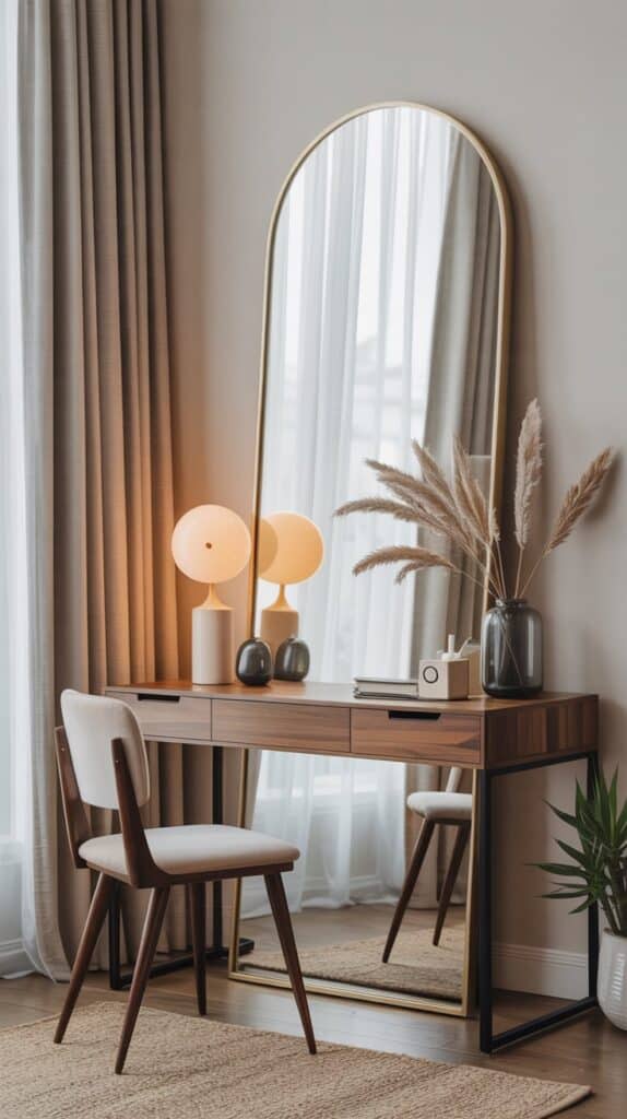Minimalist dressing table with arched brass mirror, dark wood vanity, pampas grass, and soft neutral tones in a serene bedroom.