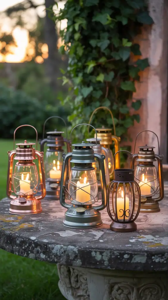 Collection of outdoor lanterns with candles creating warm, flickering light on a patio