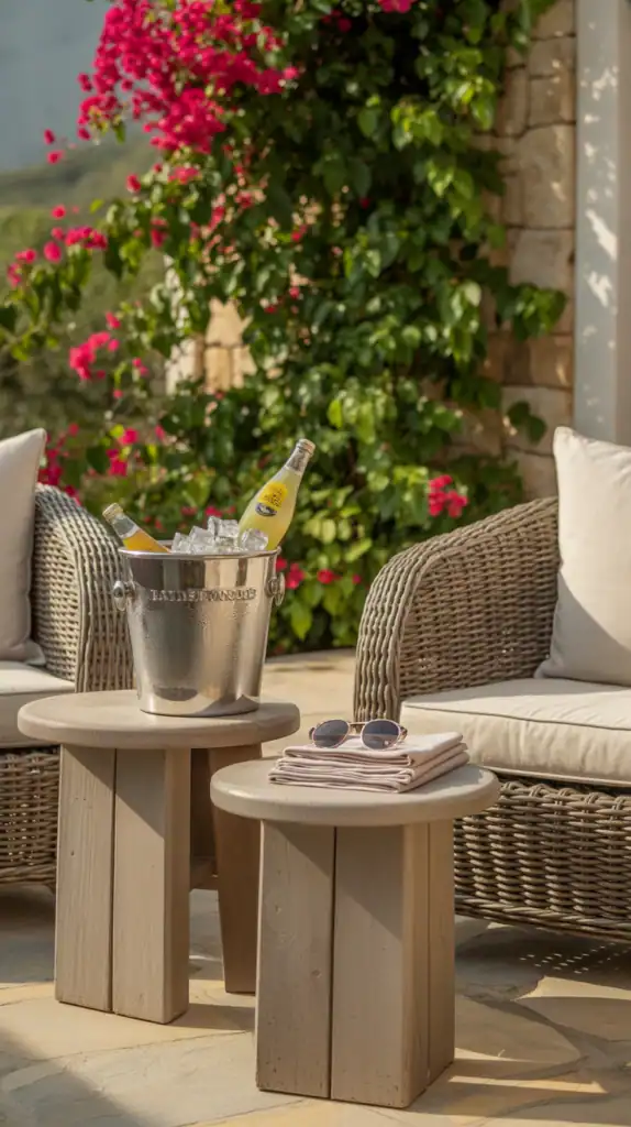 Small outdoor side tables placed near patio seating holding drinks and accessories