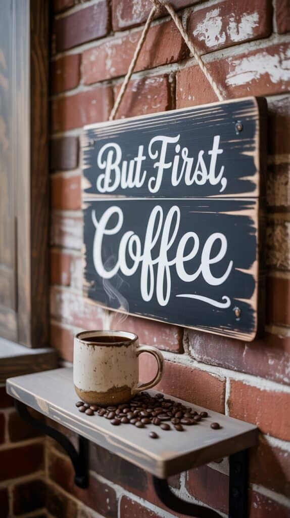 Rustic wooden sign with 'But First, Coffee' text for coffee station decor