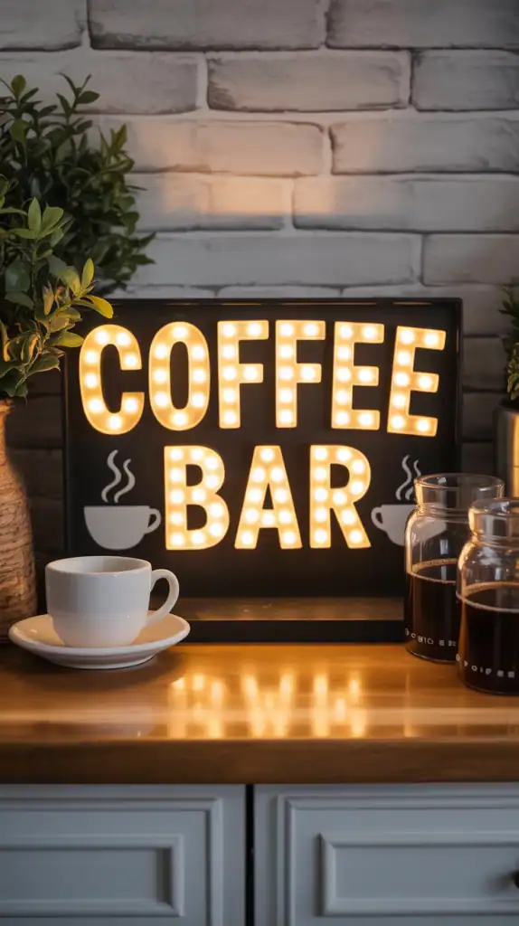 Battery-operated coffee bar light for coffee station ambiance. 