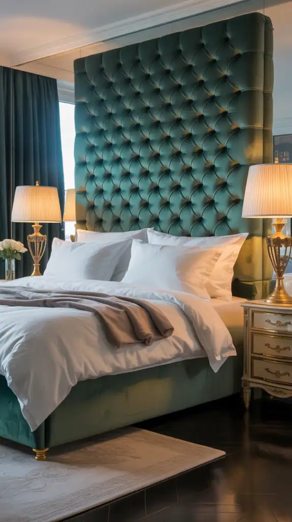 A glamorous bedroom with a tufted velvet headboard, crisp white sheets, and gold lamps.