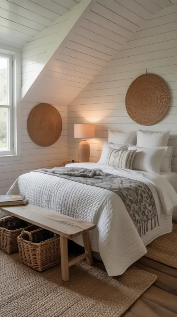 A white shiplap bedroom with a quilt, wood bench, and woven baskets.