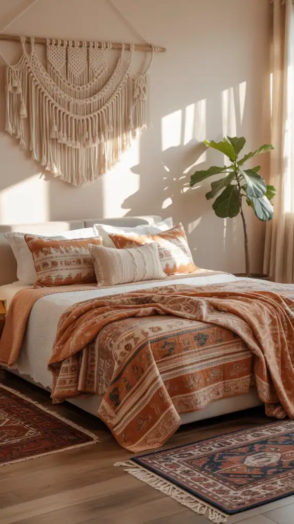 A bohemian bedroom with macramé wall art, patterned bedding, and layered rugs.