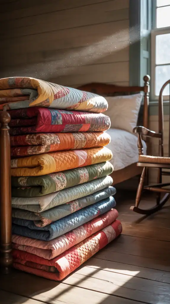A bedroom with a stack of folded quilts in seasonal colors at the foot of the bed.