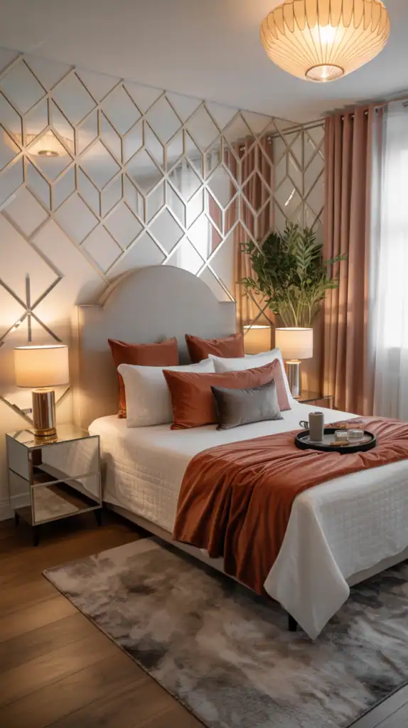 A bedroom with geometric wallpaper, mirrored furniture, and jewel-toned bedding.