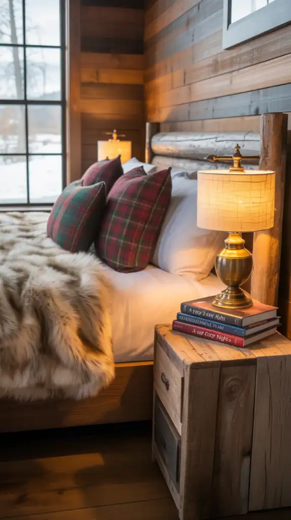 A wood-heavy bedroom with faux fur throws and plaid pillows.