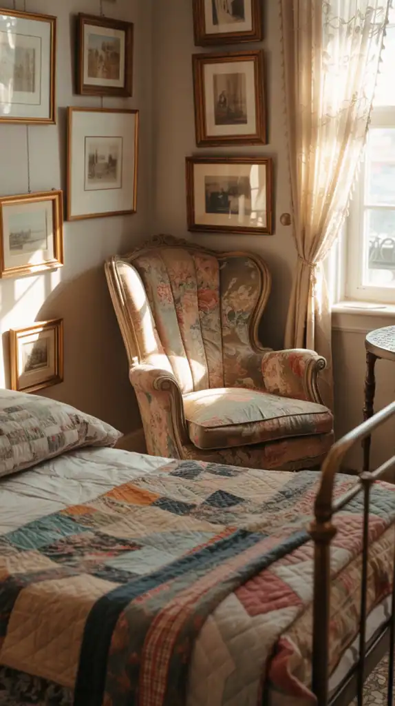 A mix of vintage furniture, mismatched art, and colorful bedding in one room.
