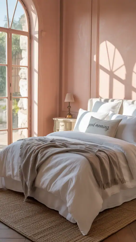 A bedroom with blush pink walls, white bedding, and soft grey accents.