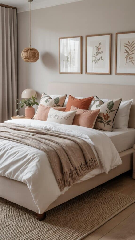 A bedroom with a neutral base bed and a variety of pillows in different seasonal patterns.