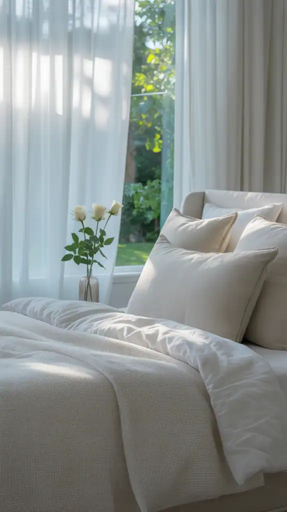A completely white bedroom with subtle texture in bedding and curtains.
