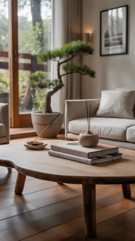 Japandi living room with beige sofa, bamboo vase, and soft natural light.