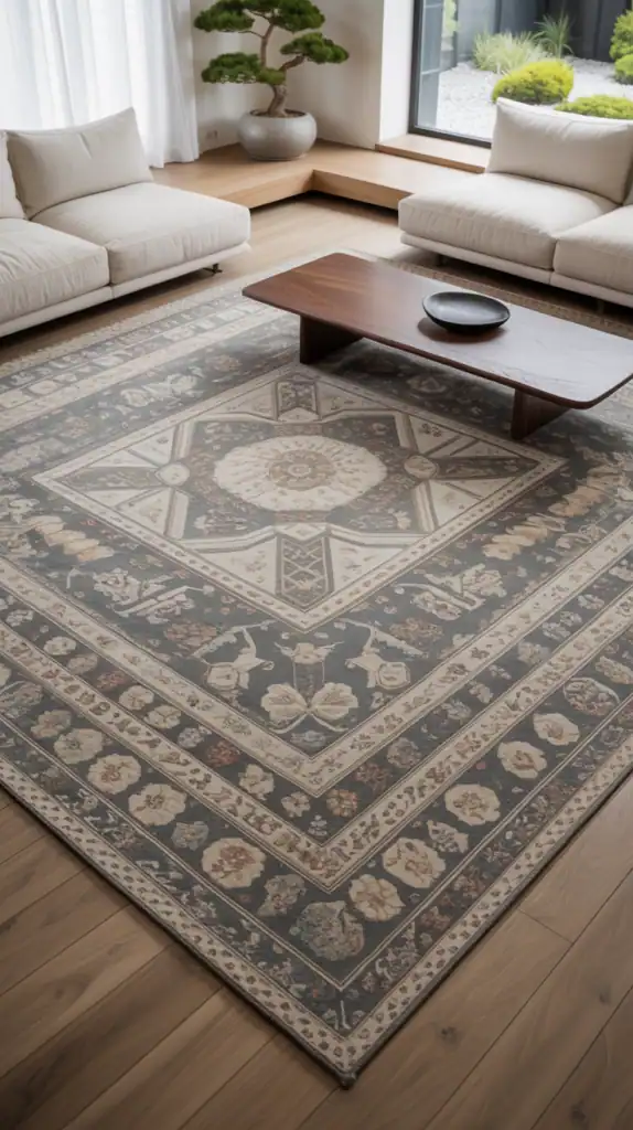 Japandi living room with patterned rug, cream sofa, walnut table, and bonsai by a window.