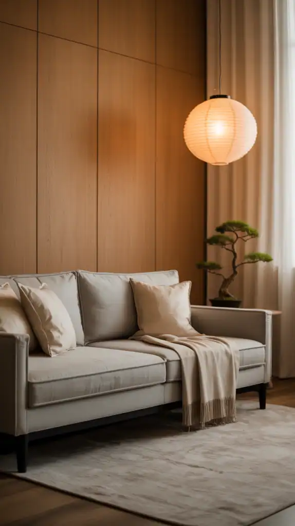 Japandi living room with grey sofa, cream cushions, paper lantern, and bonsai tree.