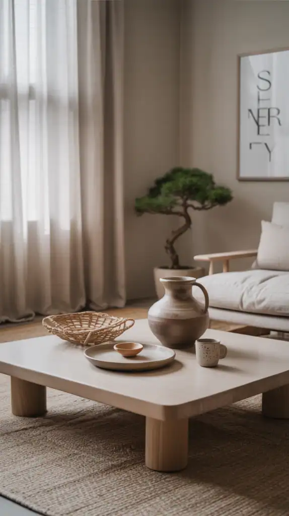 Japandi living room with light wood coffee table, handmade ceramics, bonsai tree, and soft natural light.