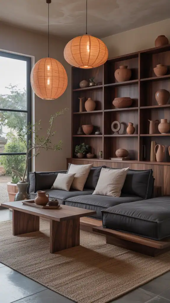 Japanese-inspired living room with orange paper lanterns, dark gray sectional, jute rug, and terracotta accents.